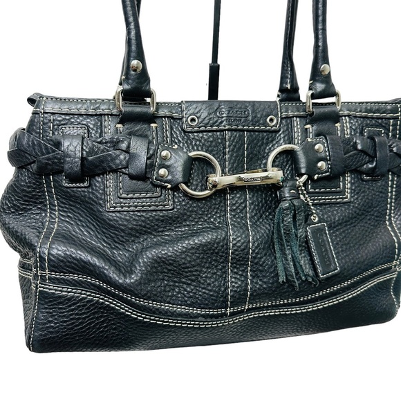 COACH Hampton F13084 Braided Trim Tassle Black Pebble Leather Handbag - Picture 2 of 13
